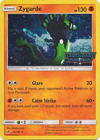 A Pokémon Zygarde (72/131) (Cosmos Holo) [Sun & Moon: Forbidden Light] from the Pokémon series featuring Zygarde. It shows Zygarde's image and Fighting-type stats: HP 130, card number 72/131, and height/weight (16'05", 672.4 lbs). The card has two moves: Glare (20 damage) and Calm Strike (60+ damage). The background is orange.
