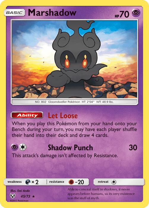 A Marshadow (45/73) [Sun & Moon: Shining Legends] Pokémon card from the Sun & Moon series featuring glowing red eyes and a shadowy appearance. This Holo Rare card has 70 HP and the moves "Let Loose" and "Shadow Punch." It's #802 in the set, illustrated by Emi Ando, with a purple background and yellow borders.