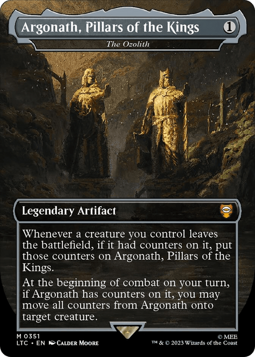 Magic: The Gathering card titled "The Ozolith - Argonath, Pillars of the Kings [The Lord of the Rings: Tales of Middle-Earth Commander]." This mythic, legendary artifact features a dark, rock cavern with two towering, intricately carved statues of kings holding swords. Similar to The Ozolith, it moves counters from creatures onto target creatures at the start of combat.