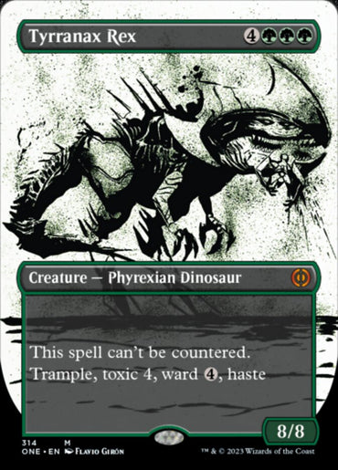 Tyrranax Rex (Borderless Ichor) [Phyrexia: All Will Be One]" features an uncounterable 8/8 Phyrexian Dinosaur with trample, toxic 4, ward 4, and haste, making it a fearsome force in Magic: The Gathering.