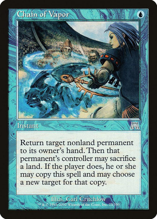 The Chain of Vapor [Onslaught] Magic: The Gathering card features art of a sorcerer casting a spell, surrounded by swirling blue energy. This instant card with a water drop symbol explains how to return target nonland permanent to its owner's hand and allows you to sacrifice a land to copy this spell.