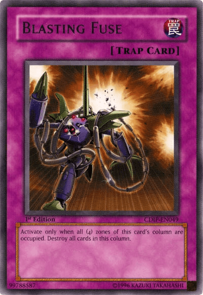An image of the Yu-Gi-Oh! trading card "Blasting Fuse [CDIP-EN049] Rare." The card's border is purple, indicating it is a Trap Card. The artwork shows a robotic device with explosives and sharp claws emitting a bright explosion. Similar to Cyberdark Impact, the card text explains its effect to destroy all cards in its column under certain conditions.