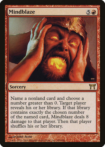 The "Mindblaze" card from Magic: The Gathering's Champions of Kamigawa set features fiery artwork showing a figure with burning eyes and mouth, embodying the essence of this red-bordered sorcery. Art by John Avon.