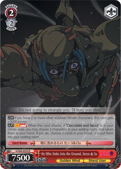 An image of a "He Who Sinks Into the Ground, Secco & Sa (JJ/S66-E054 R) [JoJo's Bizarre Adventure: Golden Wind]" from Bushiroad, featuring "He Who Sinks into the Ground, Secco & Sanctuary." The card showcases a muscular character with machinery on his head and wearing tight gear. It displays stats, abilities, and detailed text.