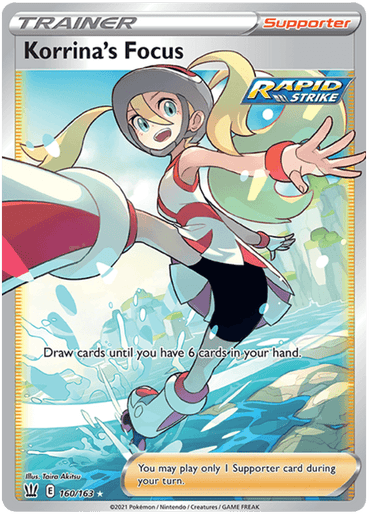 A Pokémon trading card titled "Korrina's Focus (160/163) [Sword & Shield: Battle Styles]" from the Pokémon brand features an illustration of Korrina, a young female character with blonde hair tied in a ponytail and wearing a red and white outfit. She is dynamically posed, reaching out with a joyful expression. The Ultra Rare card type "Trainer" and sub-type "Supporter" are indicated at the