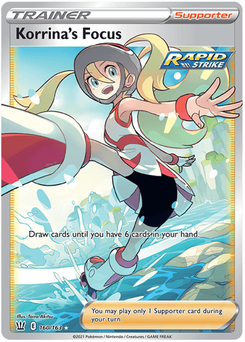 A Pokémon trading card titled "Korrina's Focus (160/163) [Sword & Shield: Battle Styles]" from the Pokémon brand features an illustration of Korrina, a young female character with blonde hair tied in a ponytail and wearing a red and white outfit. She is dynamically posed, reaching out with a joyful expression. The Ultra Rare card type "Trainer" and sub-type "Supporter" are indicated at the