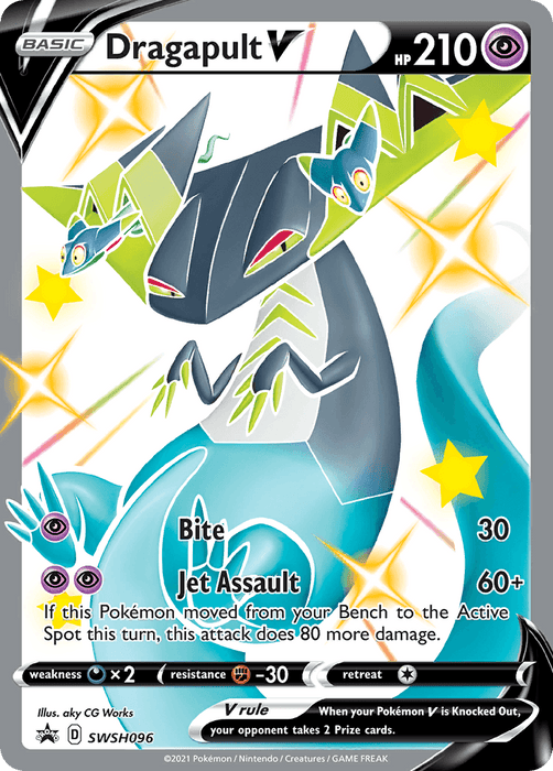 A Pokémon card featuring Dragapult V (SWSH096) [Sword & Shield: Black Star Promos] with a holographic design from the Sword & Shield series. This Black Star Promo showcases Dragapult V, a dragon-like creature with a streamlined body, yellow eyes, and blue and green colors. It has 210 HP and includes attacks "Bite" and "Jet Assault," along with its weakness, resistance, and retreat cost.