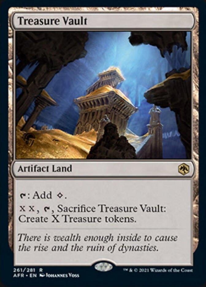 The image is of a Magic: The Gathering card named “Treasure Vault [Dungeons & Dragons: Adventures in the Forgotten Realms]” from the Forgotten Realms set. It depicts a grand, ancient structure with ornate pillars and stairs bathed in glowing, golden light. The Artifact Land card generates colorless mana and creates Treasure tokens, echoing riches and dynasties.