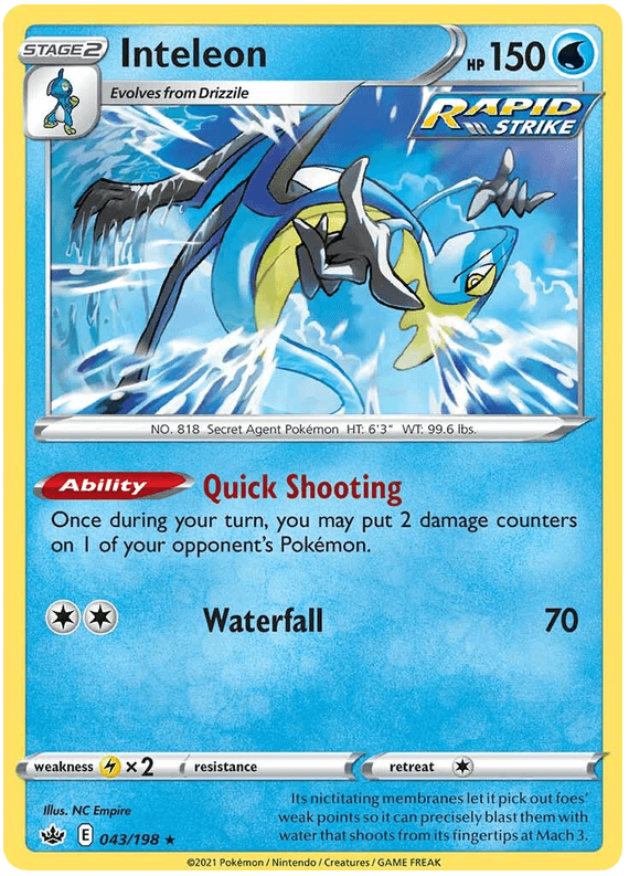 A Pokémon Trading Card from the Sword & Shield series depicting Inteleon, a water-type Pokémon. It has 150 HP and evolves from Drizzile. The card, part of the Chilling Reign set, features abilities: 