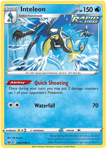 A Pokémon Trading Card from the Sword & Shield series depicting Inteleon, a water-type Pokémon. It has 150 HP and evolves from Drizzile. The card, part of the Chilling Reign set, features abilities: "Quick Shooting," allowing 2 damage counters on an opponent's Pokémon, and the move "Waterfall" dealing 70 damage. It has a weakness to lightning.

Product Name: Inteleon (043/198) (Theme Deck Exclusive) [Sword & Shield: Chilling Reign]

Brand Name: Pokémon