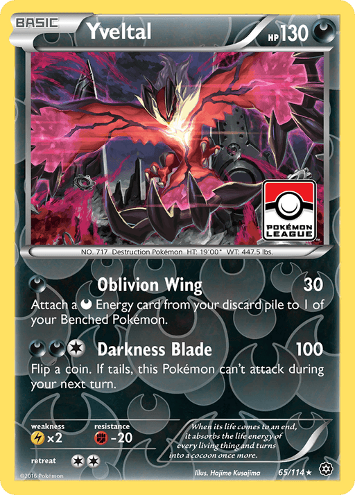 A Pokémon Trading Card of Yveltal (65/114) [XY: Steam Siege] from the Pokémon set. It's a Basic, Darkness-type Holo Rare card with 130 HP. The card features Yveltal against a dark, stormy background with lightning. Its moves are Oblivion Wing and Darkness Blade. The card also includes retreat cost, weaknesses, resistances, and illustrative details.