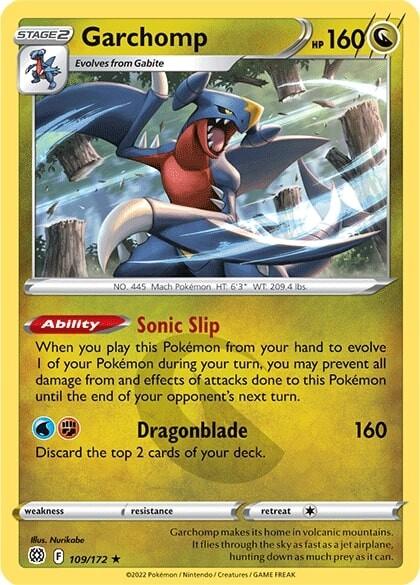 A Pokémon trading card featuring Garchomp (109/172) [Sword & Shield: Brilliant Stars] from the *Pokémon* brand is displayed. The dragon-like creature with blue and red scales is depicted flying through a stormy sky with lightning bolts in the background. The card shows Garchomp's HP of 160 and two abilities, "Sonic Slip" and "Dragonblade.