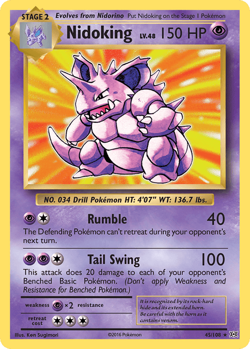 A Pokémon Nidoking (45/108) [XY: Evolutions] trading card for Nidoking, a purple bipedal Pokémon with a drill on its head. The Holo Rare card from the XY: Evolutions series showcases Nidoking with 150 HP and two attacks: Rumble, dealing 40 damage, and Tail Swing, dealing 100 damage. It's a Stage 2 card evolving from Nidorino. Illustration by Ken Sugimori.
