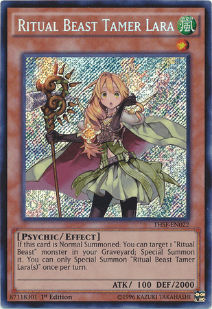 A Yu-Gi-Oh! trading card titled "Ritual Beast Tamer Lara [THSF-EN022] Secret Rare." This Secret Rare depicts a blonde female character in green and white attire holding a staff with a crystal orb. The card's attributes include "Psychic/Effect Monster," ATK: 100, DEF: 2000. The background is holographic with a sparkling pattern.