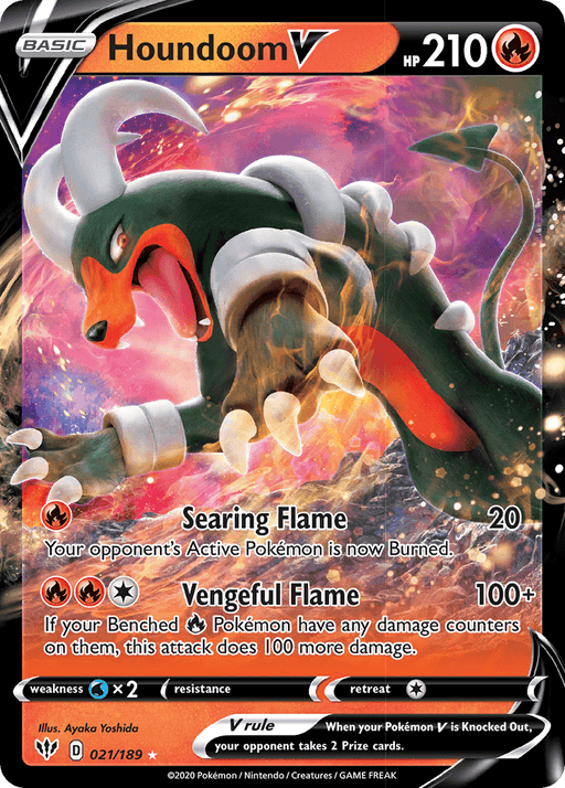 Pokémon Houndoom V (021/189) [Sword & Shield: Darkness Ablaze]. Houndoom, a dark, horned Fire type dog with flames around it, boasts 210 HP and two attacks: Searing Flame (20 damage) and Vengeful Flame (100+ damage). The Ultra Rare card is numbered 021/189 with a fiery, dynamic background.
