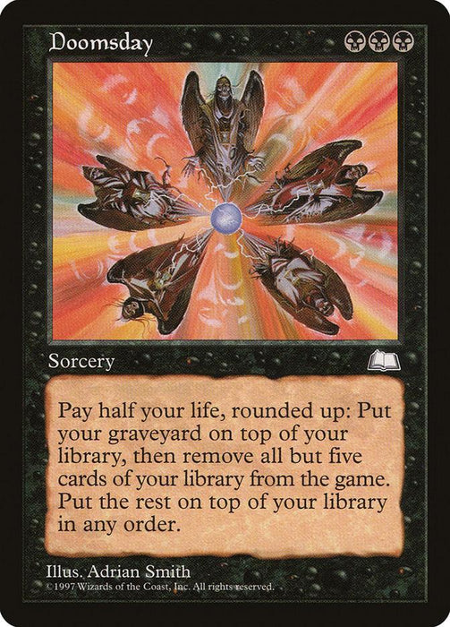 A rare Magic: The Gathering card named "Doomsday [Weatherlight]." The card's artwork, illustrated by Adrian Smith, depicts a dramatic scene with dark-robed figures and bright light emanating from a central sphere. As a sorcery, it has a black border, costs three black mana, and its text box details the card's effect.