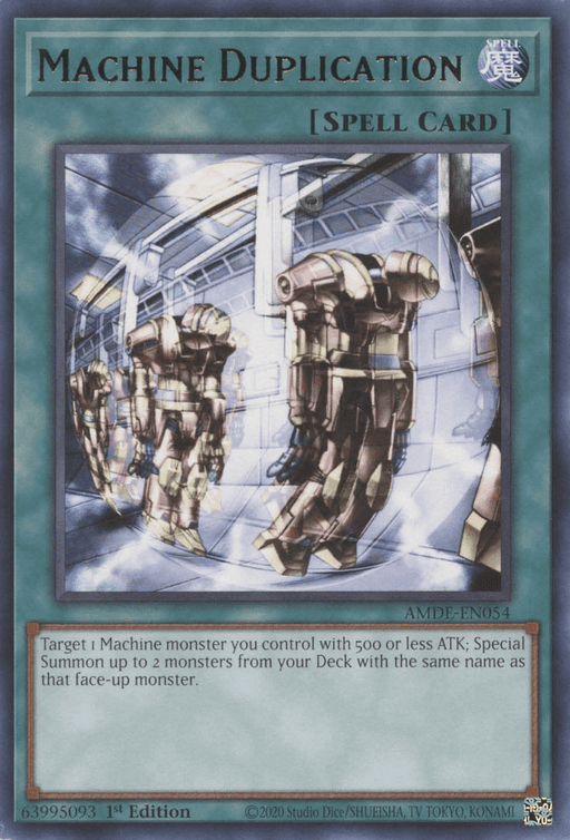 An image of the "Machine Duplication [AMDE-EN054] Rare" Yu-Gi-Oh! trading card. This Rare Normal Spell Card features three identical robot figures in a futuristic facility, reflecting a duplication process. The card's text explains its ability to duplicate Machine-type monsters with 500 or less ATK.