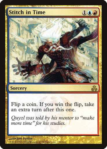 A "Magic: The Gathering" card titled Stitch in Time [Guildpact] from the Magic: The Gathering set. It depicts an elderly, bearded mage casting a spell. The card's cost is one red, one blue, and one colorless mana. It is a sorcery that lets you flip a coin; if you win, you take an extra turn. The flavor text reads, "Qu