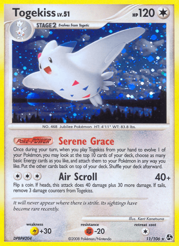 An image of a Pokémon: Togekiss (11/106) [Diamond & Pearl: Great Encounters] trading card. The Holo Rare card is yellow-bordered with 