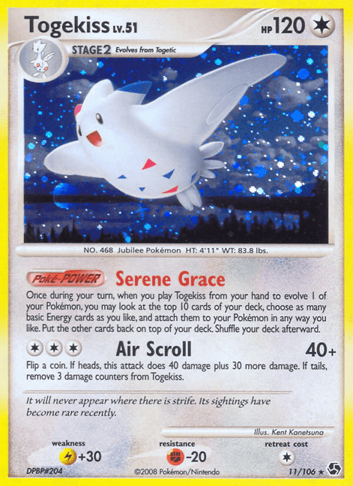 An image of a Pokémon: Togekiss (11/106) [Diamond & Pearl: Great Encounters] trading card. The Holo Rare card is yellow-bordered with "Togekiss LV. 51" at the top along with "HP 120" and an image of Togekiss, a white, winged Pokémon with red and blue triangular markings. The card details its abilities, Serene Grace.