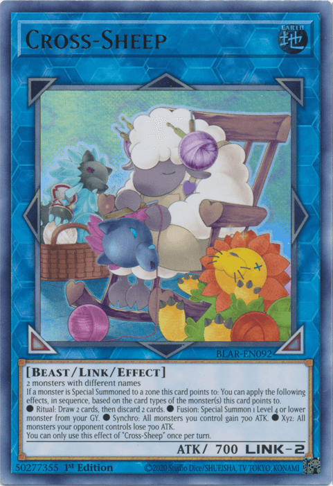 A Yu-Gi-Oh! Cross-Sheep [BLAR-EN092] Ultra Rare titled "Cross-Sheep" featuring an illustrated fluffy sheep wearing a blue scarf and surrounded by other small sheep. The Link Effect Monster has a blue border and displays the stats: ATK 700 and LINK-2. The effect text and additional game details are visible at the bottom.