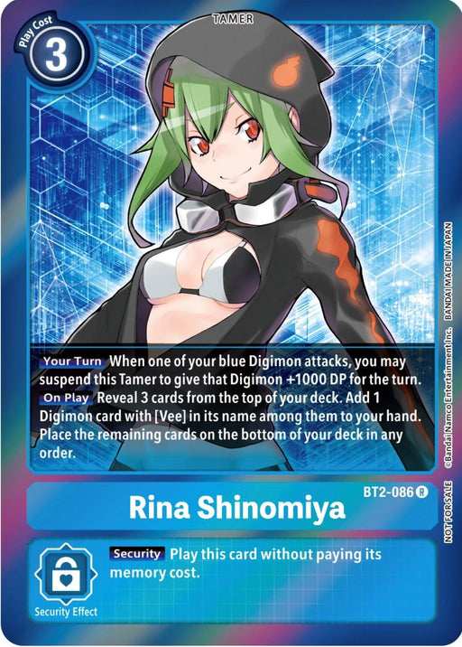 A digital Tamer card depicting a character named Rina Shinomiya. She has green hair, wearing a black hoodie and a white outfit underneath. The card is blue with "Play Cost 3" at the top-left, containing various game instructions and a security effect. This Digimon product name is Rina Shinomiya [BT2-086] (Event Pack 4) [Release Special Booster Promos].