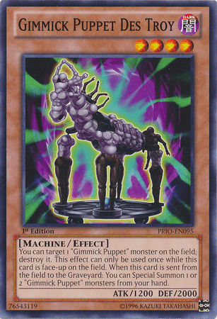 A Yu-Gi-Oh! Effect Monster card titled "Gimmick Puppet Des Troy [PRIO-EN095] Common" from the Primal Origin set. The card depicts a dark, mechanical puppet-like creature with multiple jointed limbs standing on a gothic platform. Stats: ATK 1200, DEF 2000. Card text describes an effect involving the destruction of Gimmick Puppet monsters.
