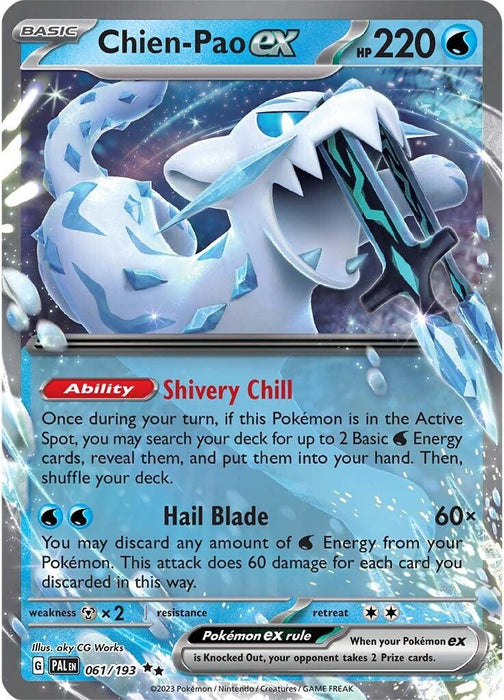 A Pokémon Chien-Pao ex (061/193) [Scarlet & Violet: Paldea Evolved] trading card from the Scarlet & Violet set featuring Chien-Pao ex. The Double Rare, Water-type card has 220 HP and showcases an icy creature with piercing blue eyes and sharp icicles forming around it. With moves like Shivery Chill and Hail Blade, it's a stunning addition to the Paldea Evolved series.
