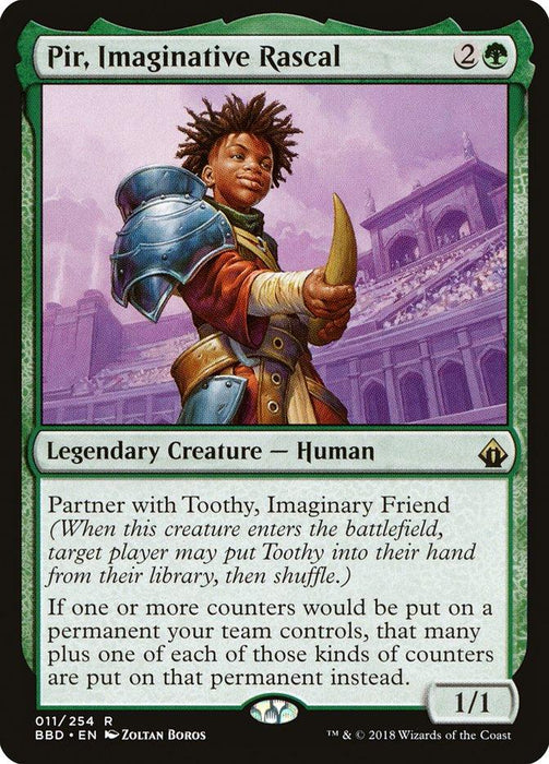 A Magic: The Gathering card from Battlebond featuring Pir, Imaginative Rascal [Battlebond]. This legendary creature has a green border and displays an illustration of a young person with brown dreadlocks, wearing a red and white coat, holding a staff. The card text details Pir's abilities related to counters. Power/toughness: 1/1.