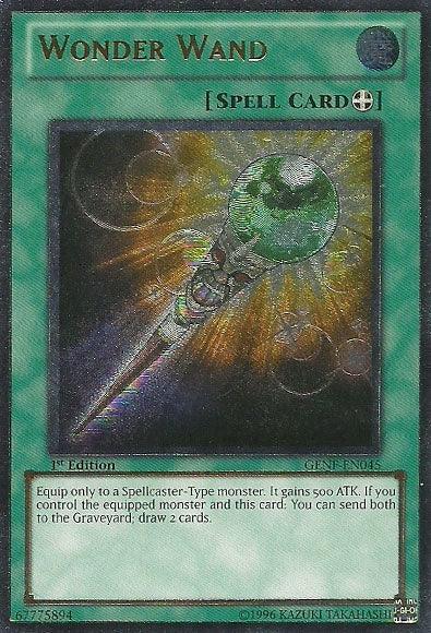 A "Yu-Gi-Oh!" trading card named Wonder Wand [GENF-EN045] Ultimate Rare, classified as an Equip Spell. The card shows an ornate wand with a gem-like top, glowing with magical energy. The description: "Equip only to a Spellcaster-Type monster. It gains 500 ATK. Send both to the Graveyard; draw 2 cards."
