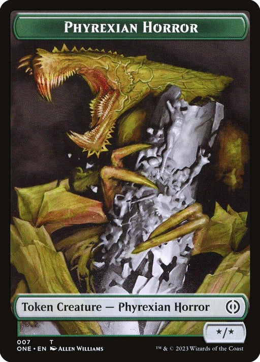 A Magic: The Gathering double-sided token card titled "Phyrexian Goblin // Phyrexian Horror." This Phyrexian Horror side features a monstrous green entity with a gaping, toothy maw and a segmented, insect-like body. Surrounded by sharp, jagged spikes and dark shadows, it exudes menace. Illustrated by Allen Williams and released in 2023 by Wizards of the Coast as part of the "Phyrexia: All Will Be One Tokens" set.