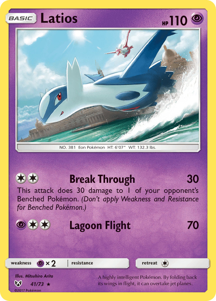 A Latios (41/73) [Sun & Moon: Shining Legends] from Pokémon, including Shining Legends. Latios, depicted as a blue and white dragon-like creature, soars over the ocean. It boasts 110 HP with two attacks: Break Through (30 damage plus 30 to a benched Pokémon) and Lagoon Flight (70 damage). Weak against Fairy, resistant to Fighting. One energy for