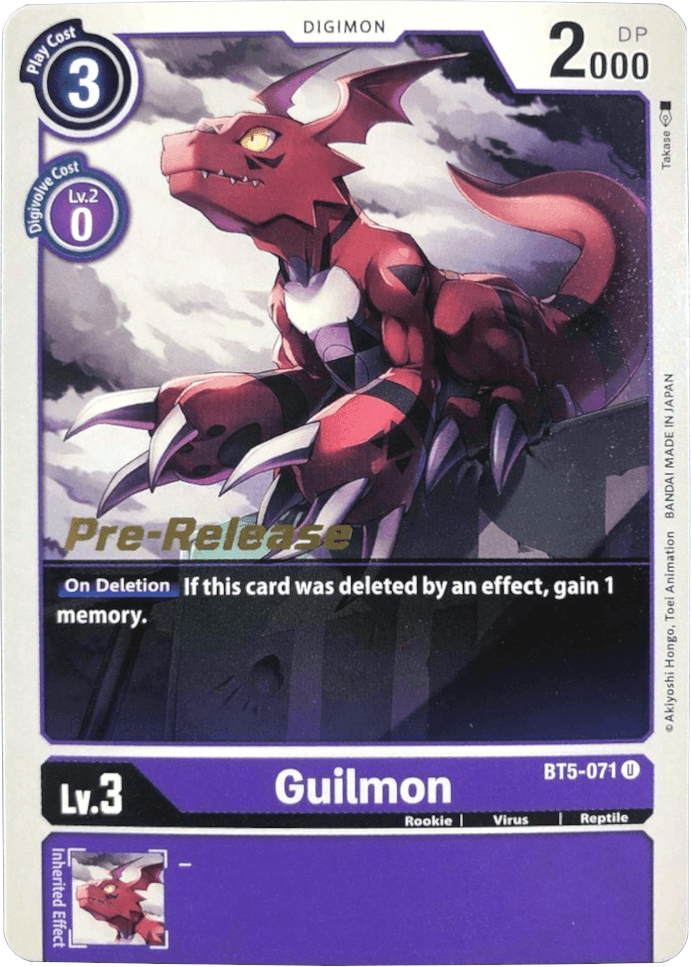 The image features a trading card from the Digimon brand, showcasing Guilmon, a red Rookie-level dinosaur-like character. This card is part of the Battle of Omni Pre-Release Promos series (BT5-071) and has a purple border. It comes with a play cost of 3, DP 2000, an 