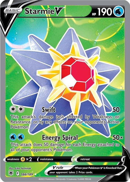A Pokémon trading card of Starmie V (166/189) [Sword & Shield: Astral Radiance] from the Pokémon brand with 190 HP. The card showcases an illustration of the starfish-like creature with a red gem at its center and features the moves "Swift" and "Energy Spiral." As an Ultra Rare card, it's numbered 166/189, with additional game details and symbols.