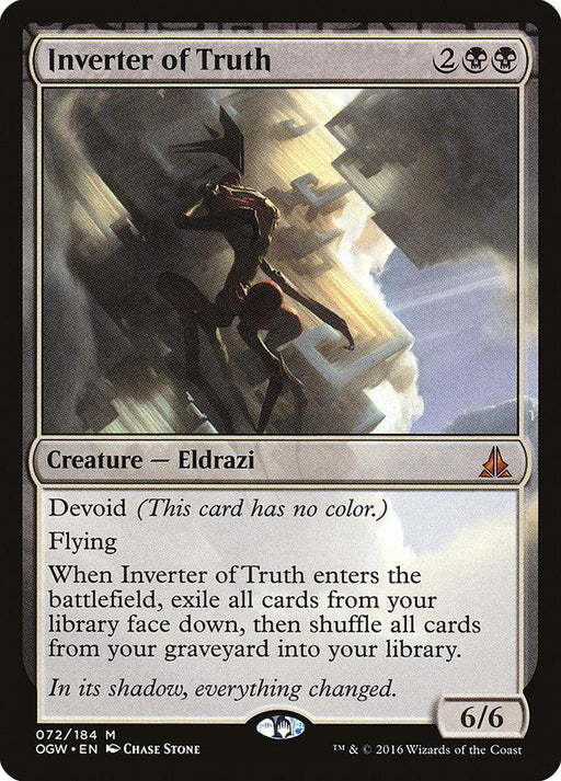 A Magic: The Gathering product titled Inverter of Truth [Oath of the Gatewatch]. It costs 2 black mana and 2 colorless mana to play. This Eldrazi creature has power and toughness of 6/6, featuring Devoid, Flying, and a battlefield-triggered special ability, illustrated by Chase Stone.