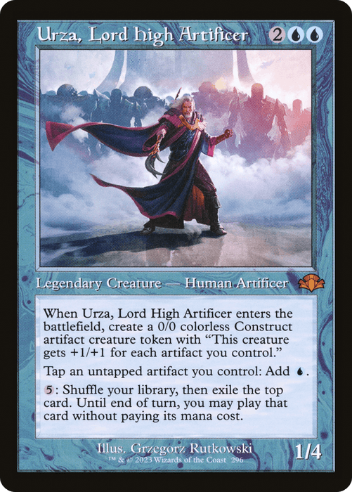 A Magic: The Gathering card named "Urza, Lord High Artificer (Retro) [Dominaria Remastered]" showcases artwork of a bearded man clad in blue and red robes with a glowing staff, standing atop a mechanical structure. This legendary creature-human artificer boasts an impressive array of abilities listed below the illustration.