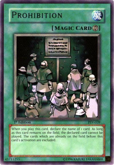 A Yu-Gi-Oh! trading card titled "Prohibition [PSV-039] Rare," with a green border indicating it's a Continuous Spell. The illustration depicts a gathering of robed figures facing a large, inscribed stone tablet. The card text explains its effect. It is part of the Pharaoh's Servant set and is a Rare 1st Edition card with the number PSV-039.