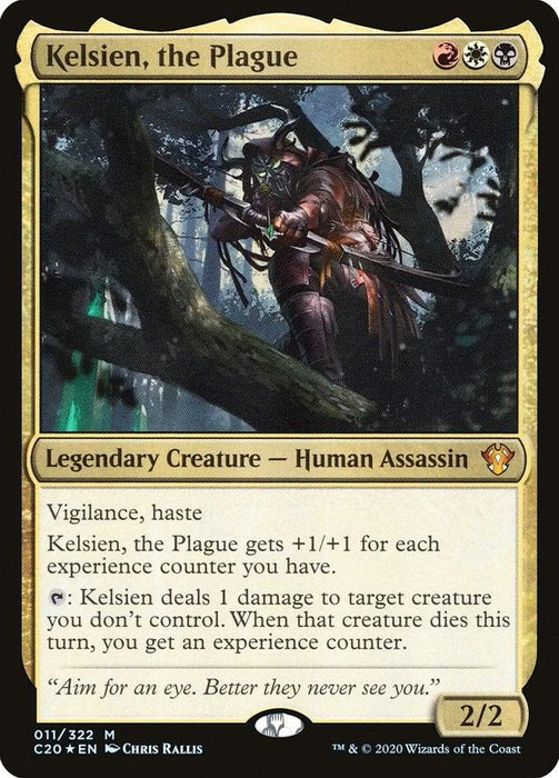 A Magic: The Gathering card from Commander 2020 featuring "Kelsien, the Plague [Commander 2020]," a Legendary Creature. The Human Assassin in dark armor, wielding a crossbow, sneaks through a forest under a red sky. With white, black, and red mana cost, Kelsien has vigilance, haste, and gains +1/+1 for each experience counter.
