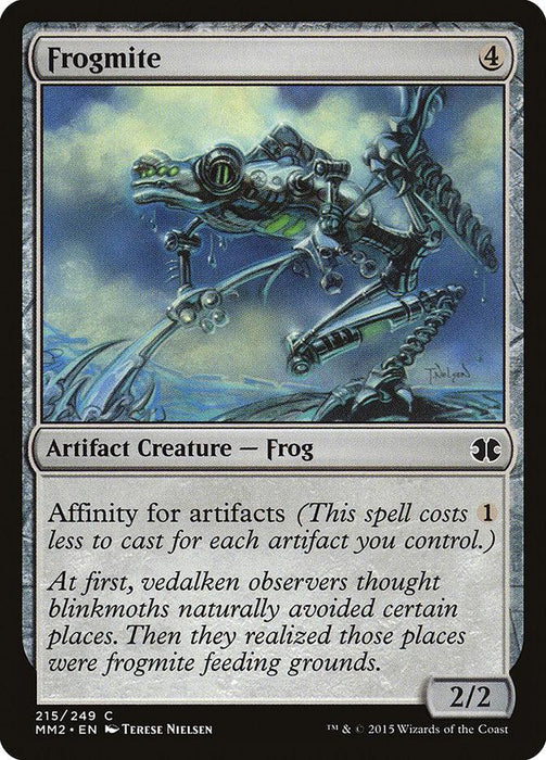 A "Frogmite [Modern Masters 2015]" Magic: The Gathering card from Magic: The Gathering. It shows a metallic frog-like creature with a glowing blue eye, standing on a stone with artistic light effects in the background. The card details: cost 4, artifact creature - frog, 2/2, with affinity for artifacts. Illustrated by Terese Nielsen.