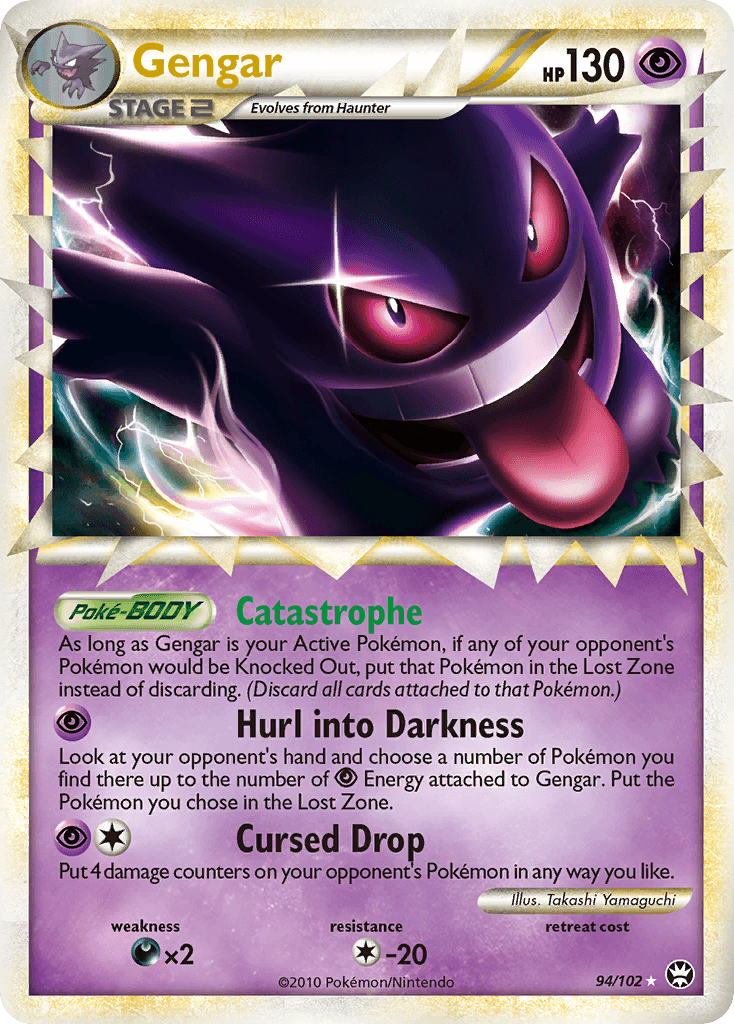 A Gengar (94/102) card from the HeartGold & SoulSilver: Triumphant series by Pokémon. This Stage 2 trading card has 130 HP and showcases a ghostly Gengar with a menacing grin and glowing eyes, surrounded by shadows and lightning. It boasts the Psychic abilities Catastrophe, Hurl into Darkness, and Cursed Drop, and has a resistance of -20 against Fighting.