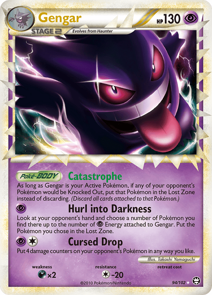 A Gengar (94/102) card from the HeartGold & SoulSilver: Triumphant series by Pokémon. This Stage 2 trading card has 130 HP and showcases a ghostly Gengar with a menacing grin and glowing eyes, surrounded by shadows and lightning. It boasts the Psychic abilities Catastrophe, Hurl into Darkness, and Cursed Drop, and has a resistance of -20 against Fighting.