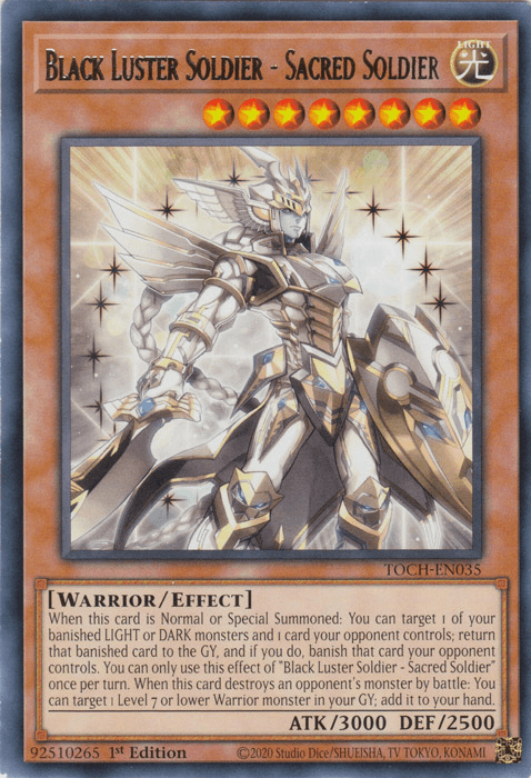 The image is of a Yu-Gi-Oh! trading card titled "Black Luster Soldier - Sacred Soldier [TOCH-EN035] Rare" from the Toon Chaos set. It depicts a warrior in silver and gold armor, holding a sword. The card is a level 8 LIGHT attribute Effect Monster with ATK 3000 and DEF 2500, featuring special summoning and banishing effects text.