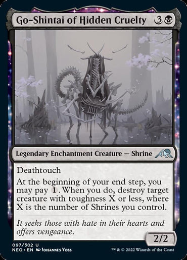 The image showcases a Magic: The Gathering card, "Go-Shintai of Hidden Cruelty [Kamigawa: Neon Dynasty]." This Legendary Enchantment Creature - Shrine costs 3B to cast and boasts 2 power and 2 toughness. The card features Deathtouch and has a triggered ability that destroys creatures if a Shrine is paid for. The artwork portrays a dark scene.