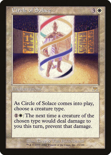 A Magic: The Gathering card titled "Circle of Solace [Onslaught]," a rare white enchantment costing 3W. The artwork depicts a radiant knight surrounded by a glowing, colorful helix. The card text reads: "{1}{W}: The next time a creature of the chosen type would deal damage to you this turn, prevent that damage.