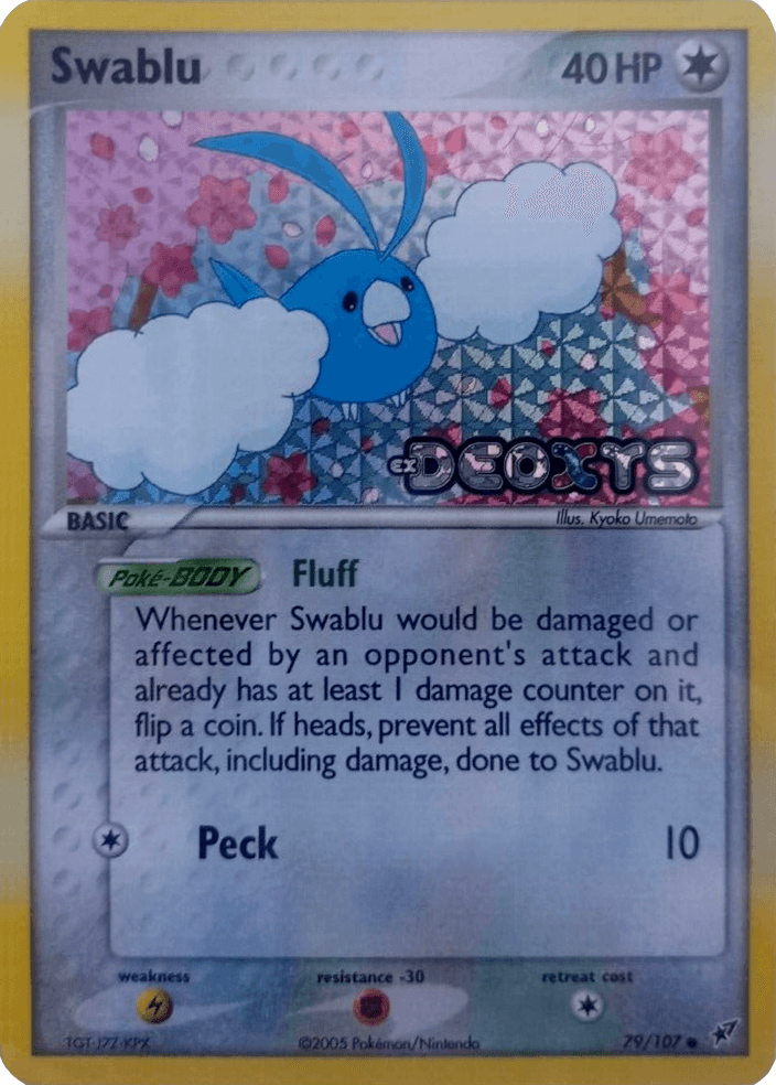 A Swablu (79/107) (Stamped) [EX: Deoxys] trading card from the Pokémon set with a holographic and reflective background. It has 40 HP and features Swablu, a blue bird with fluffy white wings. The card shows two moves: Fluff and Peck, is a common Colorless type, with set info at the bottom left and 