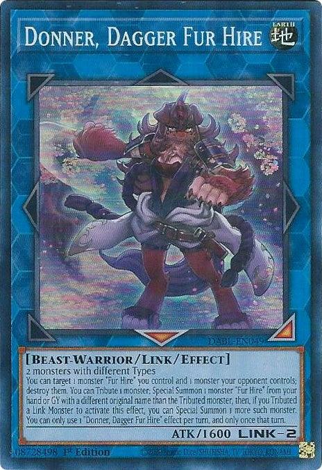 A Yu-Gi-Oh! trading card titled "Donner, Dagger Fur Hire [DABL-EN049] Super Rare." This Super Rare Link/Effect Monster features an anthropomorphic beast-warrior in armor, holding a large sword and shield. The mystical background enhances its allure. With an attack power of 1600 and Link rating of 2, the text box details the card’s abilities.
