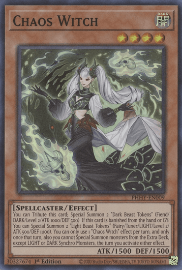 A "Yu-Gi-Oh!" trading card featuring Chaos Witch [PHHY-EN009] Super Rare, a Spellcaster/Effect Monster. The card's image shows a female figure with long white hair, dark ornate clothing, and surrounded by green flames. With 1500 ATK and DEF, it details her Special Summon abilities.