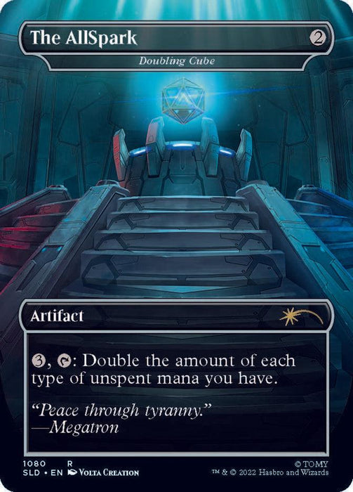 A Magic: The Gathering card named "Doubling Cube - The AllSpark (Borderless Megatron) [Secret Lair Drop Series]" is depicted in the Secret Lair Drop Series. This rare artifact doubles the amount of each type of unspent mana for 3 mana. The artwork shows a glowing cube on a metallic altar. The flavor text reads, "Peace through tyranny." - Megatron.