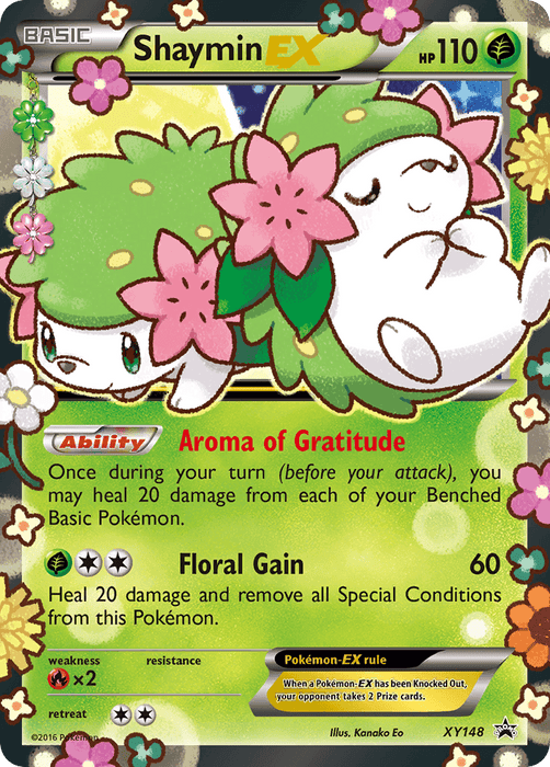 A Pokémon trading card featuring Shaymin EX (XY148) [XY: Black Star Promos], HP 110, from the Black Star Promos series. Predominantly green with pink flowers, Shaymin appears as a small, green hedgehog-like creature with a white body. It showcases abilities "Aroma of Gratitude" and "Floral Gain." The card includes detailed text about its abilities.