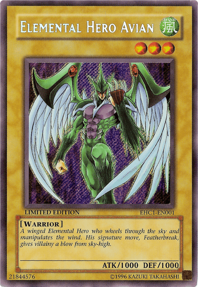 A Yu-Gi-Oh! trading card named "Elemental Hero Avian [EHC1-EN001] Secret Rare" with attributes WIND. It pictures a muscular, green-feathered humanoid with wings. This Elemental Hero is classified as a Limited Edition Warrior type with 1000 ATK and 1000 DEF. Its description highlights its sky-high attack called Featherbreak.